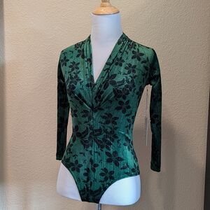 Unique Vintage Green Velvet Floral Bodysuit XS | Long Sleeve Wrap Front